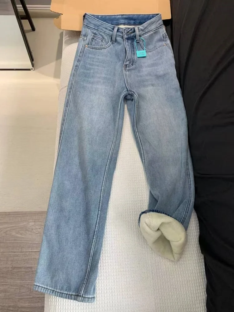 بالإضافة إلى حجم Fce اصطف ثي الدنيم السراويل النسائية الخريف الشتاء عالية الخصر مستقيم الساق الطابق طول السراويل الدافئة #1