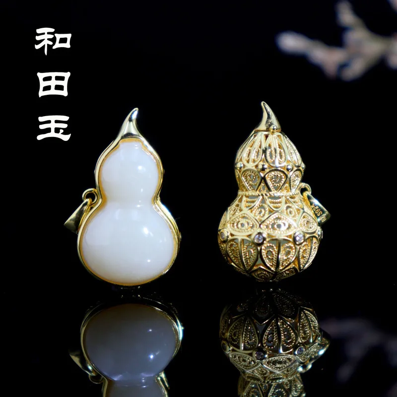 Natural Hetian , S925 Sterling Silver Inlaid With Sheep Fat Jade Gourd Pendant