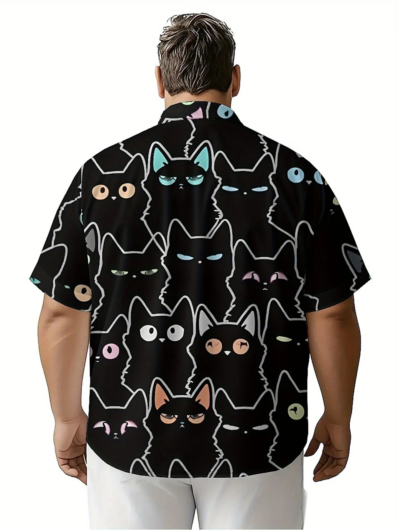 Men's Plus Size Hawaiian Shirts Mysterious Black Cat pattern, Button Up Shirts, Unisex Casual Clothing, Summer Tops