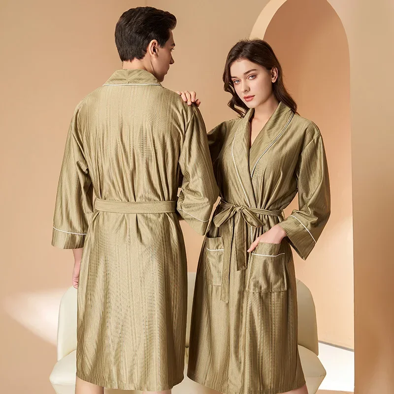 Silky Satin Hotel Couple Bathrobe Long Sleeved Robe Kimono Gown Men's Loose Casual Home Clothes Female Sexy Sleepwear Pajamas