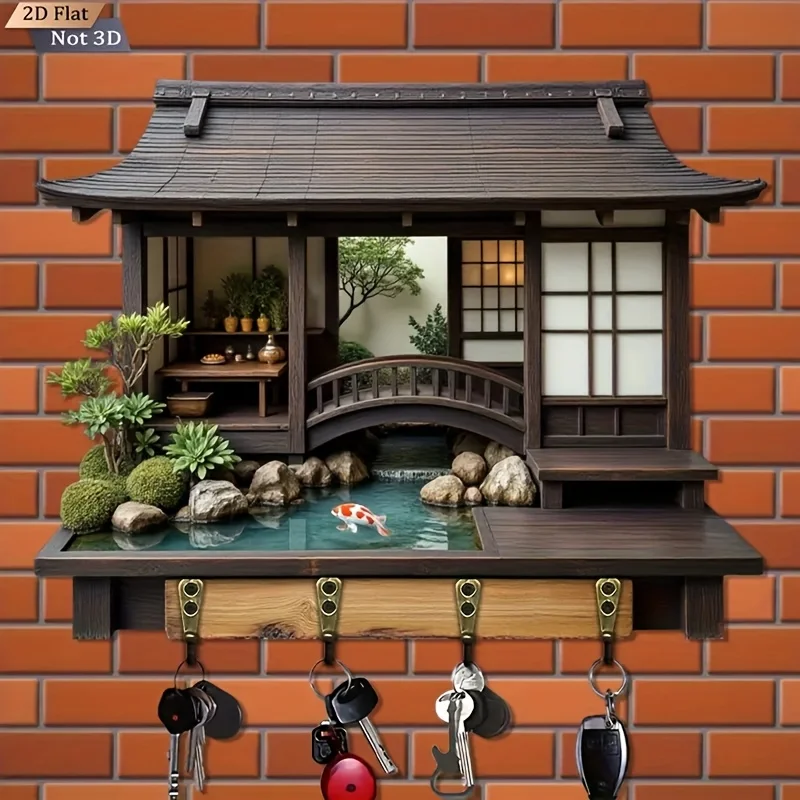 2D Flach, 1 Stück, Schlüsselhaken im japanischen Stil, multifunktionaler Schlüsselhalter aus Holz mit vier Metallhaken, Wanddekoration, Veranda