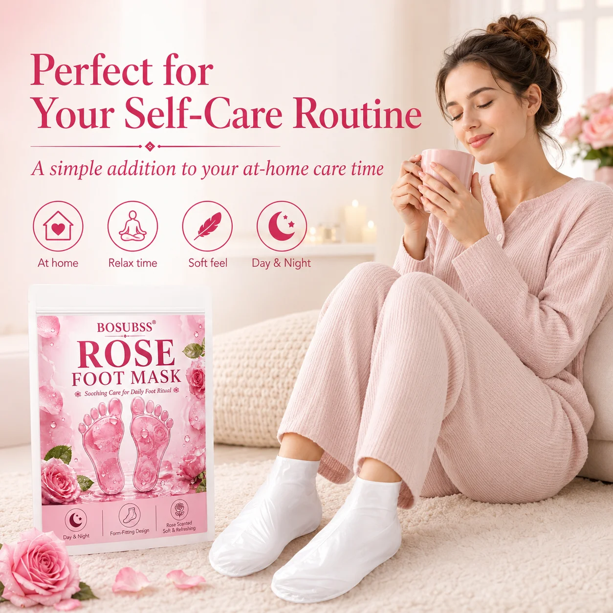 1 Pair Moisturizing Foot Mask Socks, Rose-Inspired Foot Care Booties with Adjustable Ankle Closures
