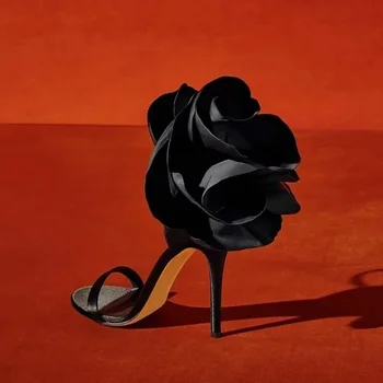 여성 플라워 하이힐, 실크 라운드 토 오픈 토 슬림 힐, 연회 샌들, 유럽 및 미국, 2024 신상 