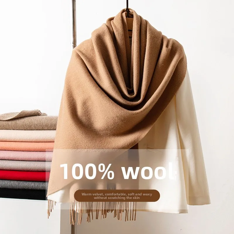 

New Solid Wide 100% Wool Scarf Women Men Warm Thick Winter Large Shawl Light Luxury High-end Fashion Hijab Scarves Hair Wrap