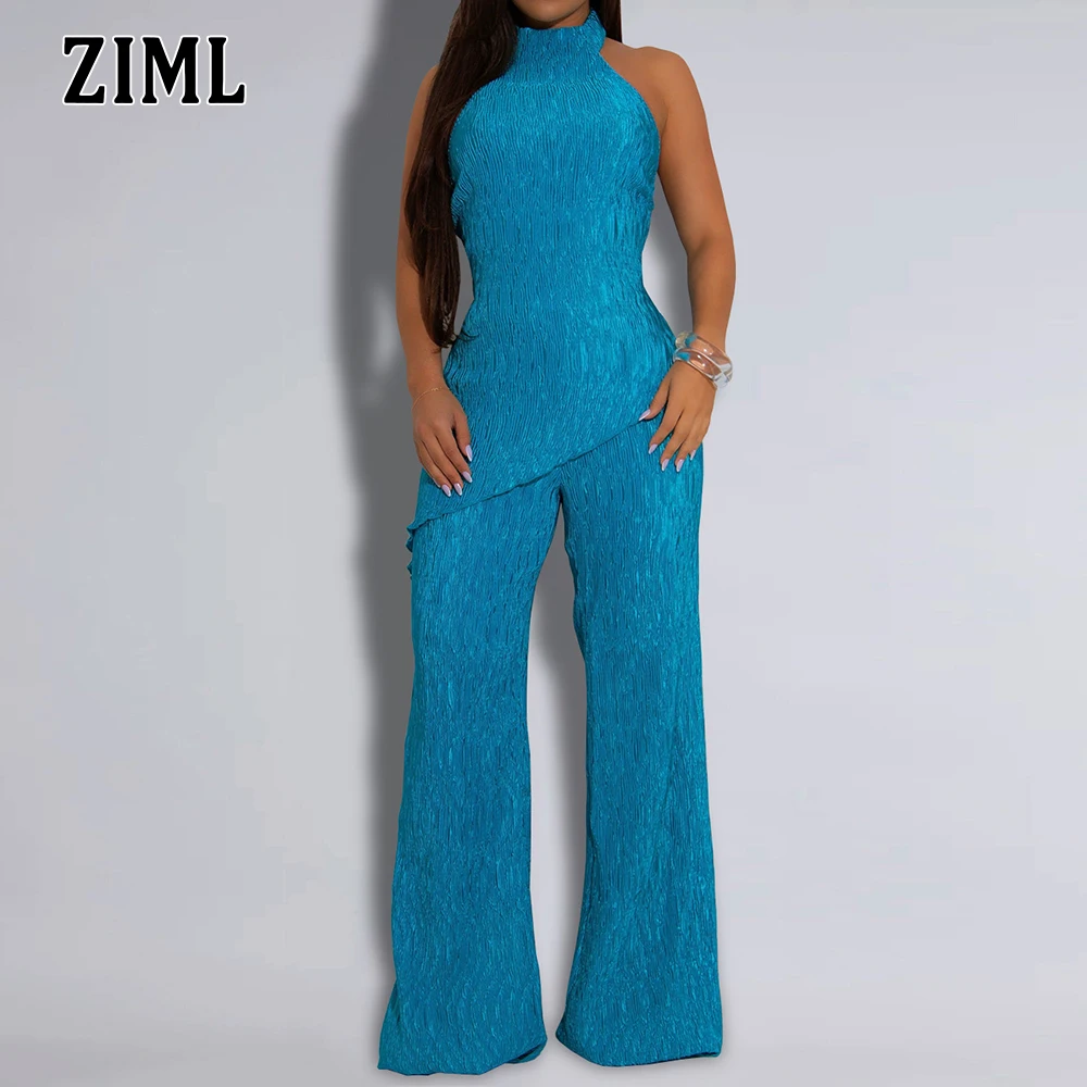

ZIML Solid Casual Two Piece Sets for Women Stand Collar Sleeveless Irregular Tops High Waist Long Pants Minimalist Set Female