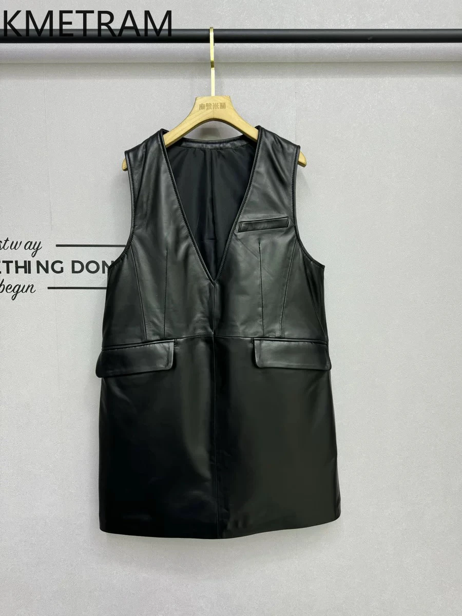 KMETRAM Gaun Kulit Domba Asli 100% Wanita Kerah V Gaun Tanpa Lengan Kulit Asli Baru dalam Kategori Pakaian Luar Musim Gugur 2025 Овчина