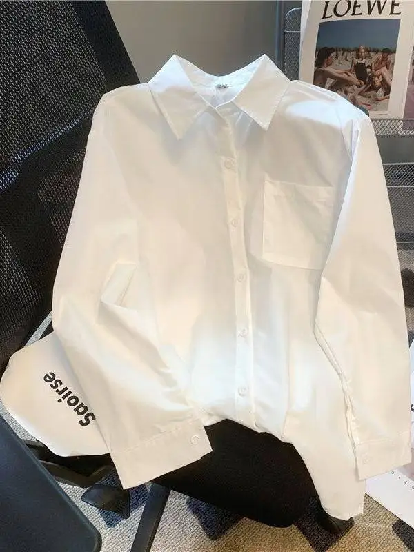 

Casual White Long Sleeve Shirt Anti-Wrinkle Slimming Commute Student Uniform Versatile Shirt Japanese Style Pure Color C...