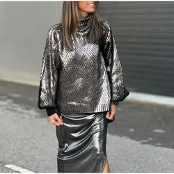 Metallic Color Turtleneck Sweater For Women Elegant Loose Long Sleeve Silver Pullover 2024 Autumn Female Fashion Casual