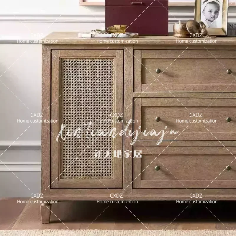 Rural Solid Wood Braided Rattan Dining Side Cabinet Foyer Decorative Retro Chest Living Room Storage Furniture