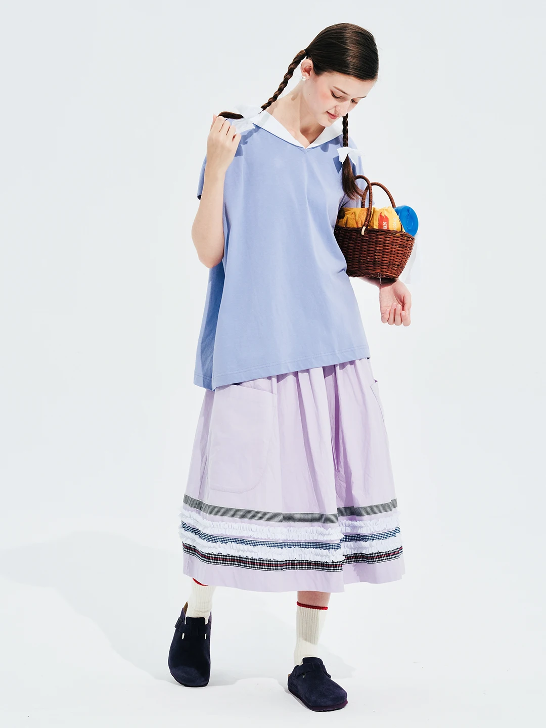 IMAKOKONI original design elastic waist pocket lace stitching purple skirt for women 244678