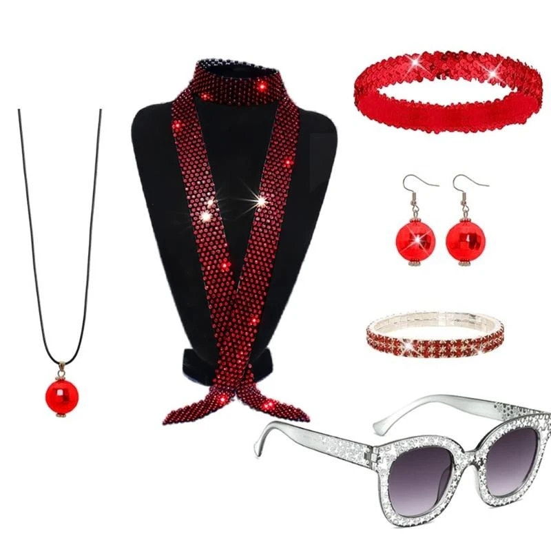 7Pcs/Set Women Cosplay 1980s Rockstars Cool Outfits Accessories Ball Party Costume Dress Up Props for Adults Teenagers Kids