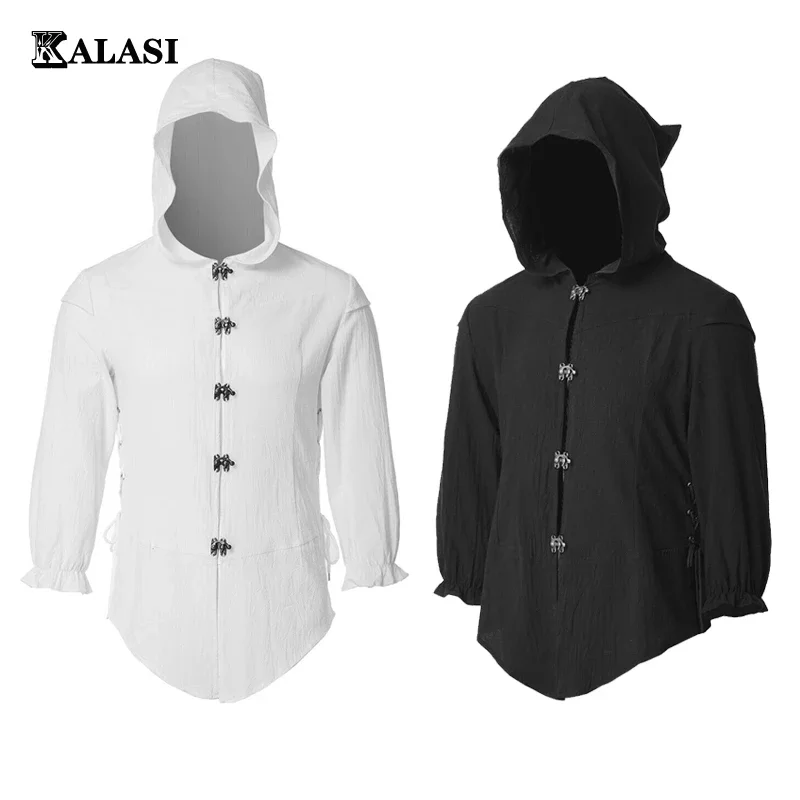 Medieval Men Hooded Shirt Lace Up Side Tops Medieval Renaissance Pirate Costume