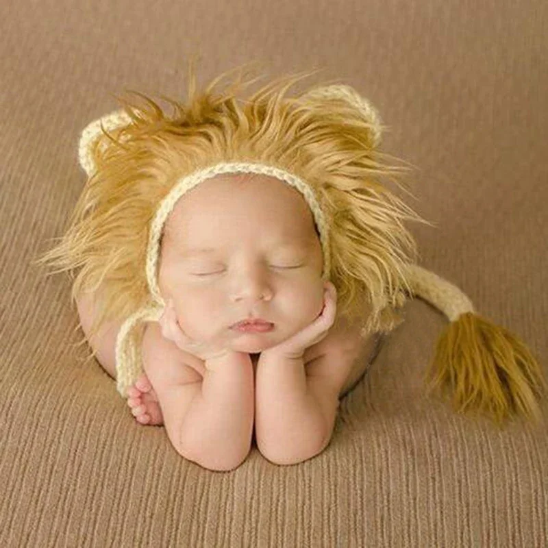 Newborn Photography Clothing Lion Zebra Design Woolen Knitted Baby Boy Girl Pictures Outfits Lionet Hat + Tail 2pcs Costumes