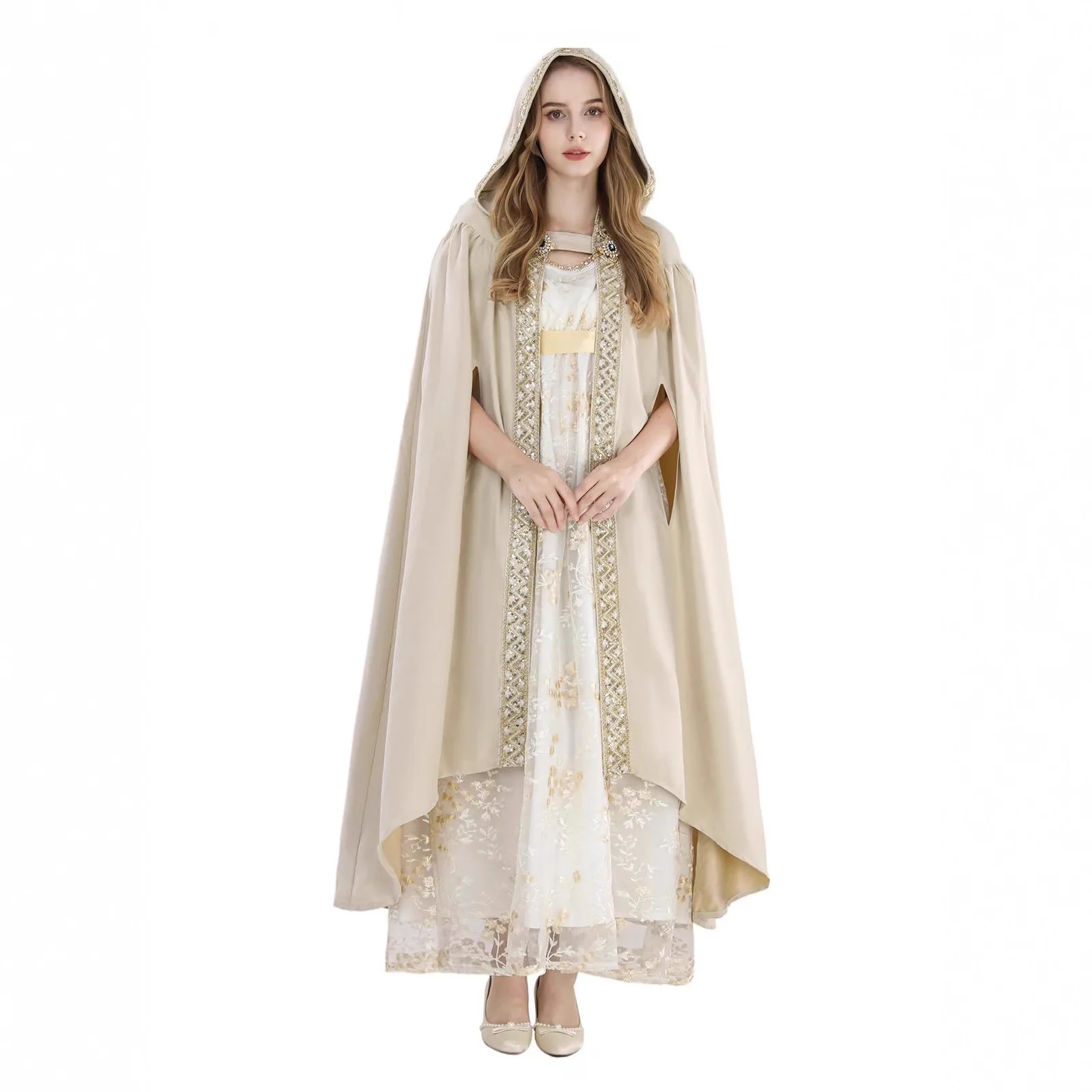 

Medieval Renaissance Lace Cloak Retro Pastoral Ribbon Edge Hooded Cloak Anime Costume Halloween Carnival Party Cosplay Outfit