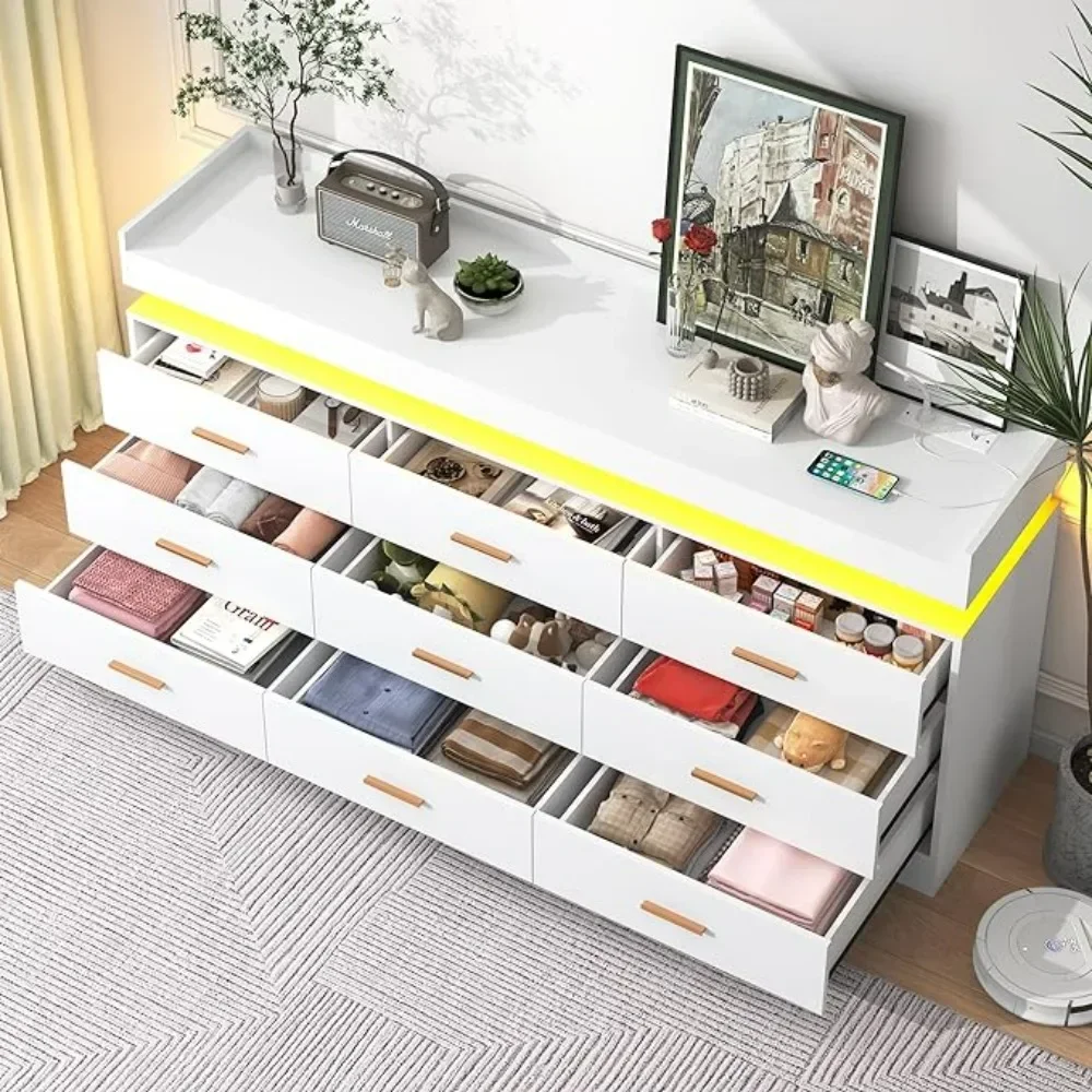 Bedroom Dresser, Drawer Dresser with LED Lights, Modern Chest of Drawers with Power Outlet, Organizer Cabinet for Bedroom, White