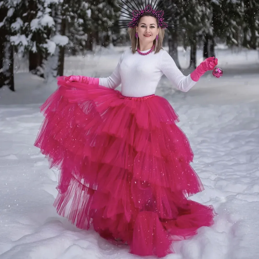 

Розово-красные тюлевые свадебные юбки для женщин, длинные вечерние юбки с эластичной талией, очень пышные женские макси-юбки без верха