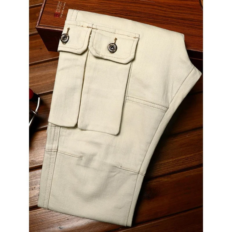 Pantalones vaqueros de alta gama con múltiples bolsillos para hombre, pantalones elásticos de pierna recta, ajustados, informales, a la moda