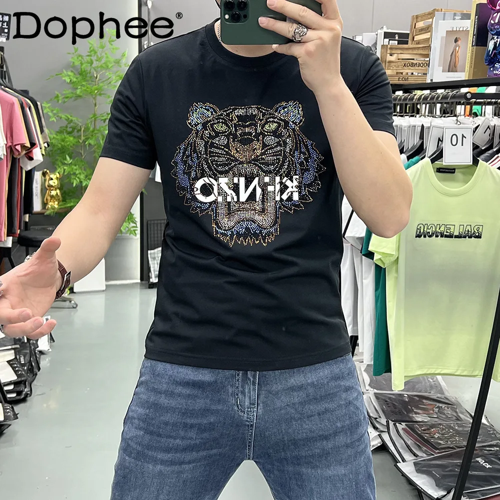 

2025 New Handsome Men's Crew Neck Short-sleeved T-shirt Fashion Trend Slim Fit Heavy Industry Hot Diamond Comfortable Soft Top