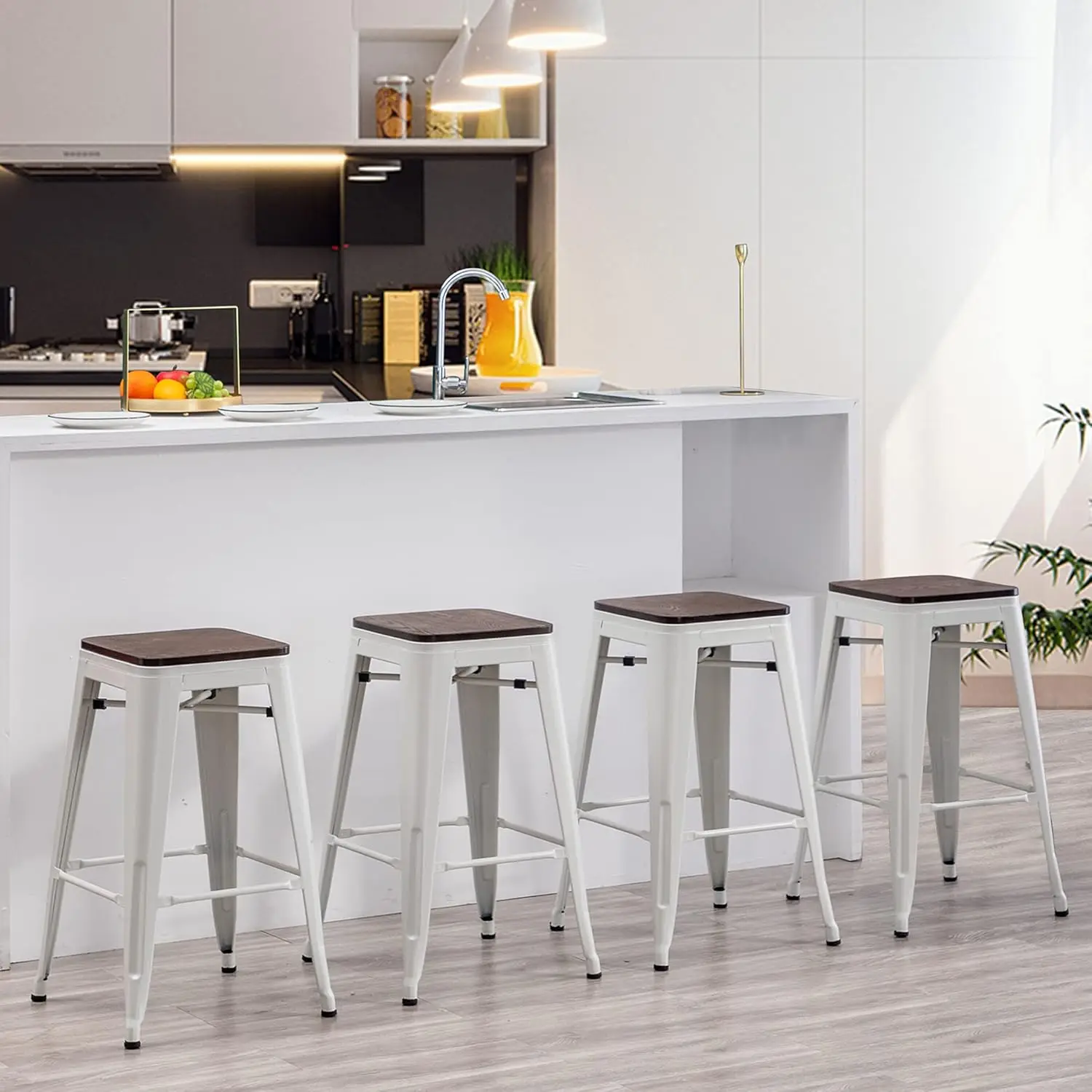 24" Backless Metal Bar Stools Set of 4 Industrial Stackable Counter Height Stools for Kitchen Island Barstools with Wood Seat