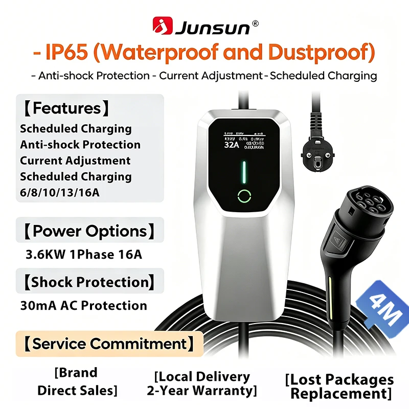Junsun Tragbares EV-Ladegerät 3,6KW 7KW 11KW 22KW IP65 Wasserdicht Typ 2 Ladekabel 6 8 10 13 16 20 24 32A Einstellbarer Strom Zeitgesteuertes Laden mit Verzögerungstimer Touch-Button-Steuerung 2 Jahre