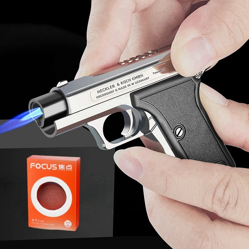 

New Metal Mini Gun Shaped Lighter Refillable Butane Gas Open Flame windproof Lighter Smoking Accessories Tool Men'S Gift