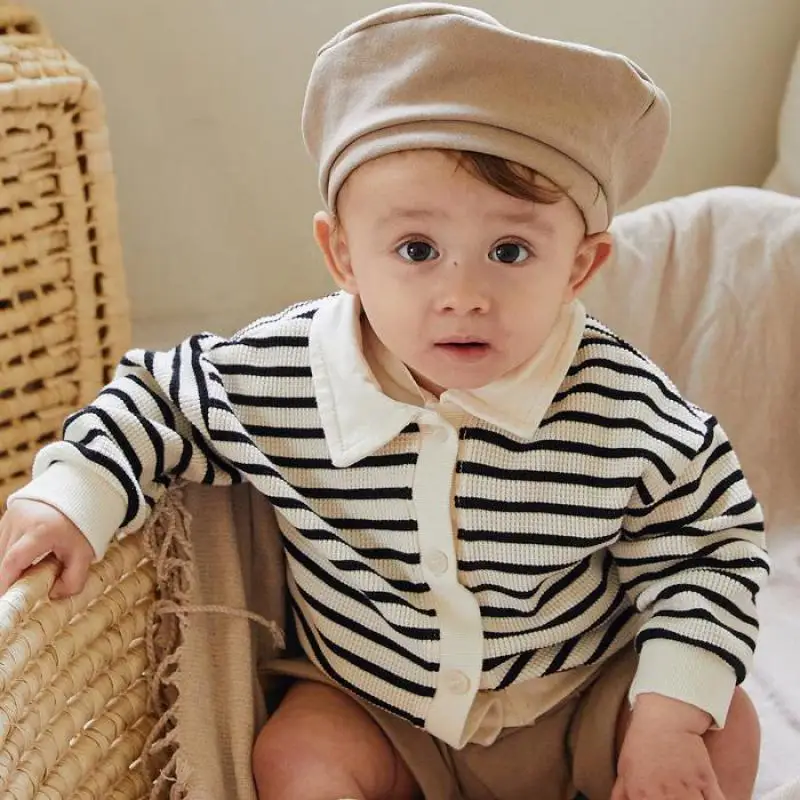 

2025 Autumn New Baby Long Sleeve Lapel Coat Boys Fashion Splicing Striped Coat Infant Girls Solid Casual Jacket Toddler Clothes