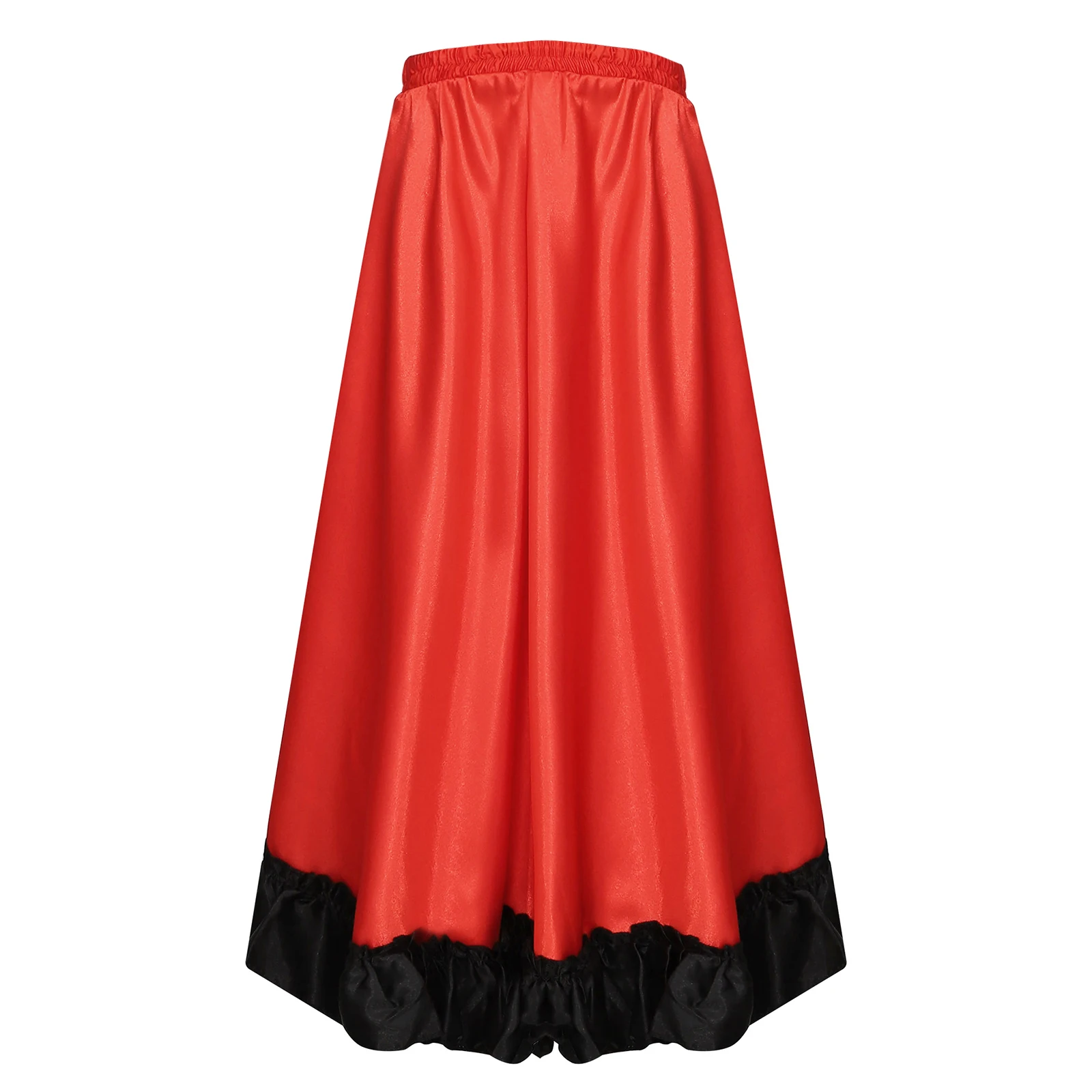 Girls Spanish Flamenco Dance Skirt Solid Satin Ruffle Hem Long Skirts Classic Flamengo Gypsy Dancewear Stage Performance Costume