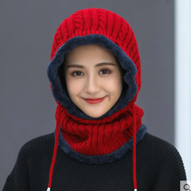 2022 Hijab Cap Women\'s Dense Hat Women Knitted Cap Mask Set Hooded for Winter Warm Russia Outdoor Ski Windproof Hat Beanies