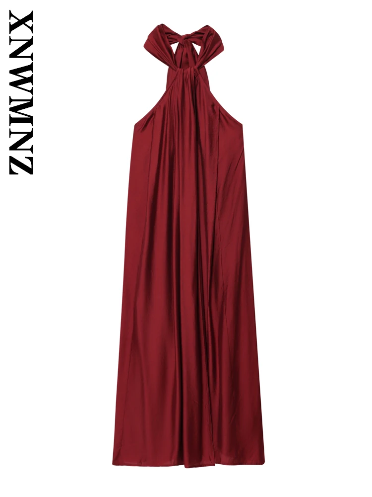 XNWMNZ 2025 Summer Women Clothing Sexy Holiday Shoulder Midi long Dresses Chic Fashion Woman Sleeveless boho Backless Dress Tie