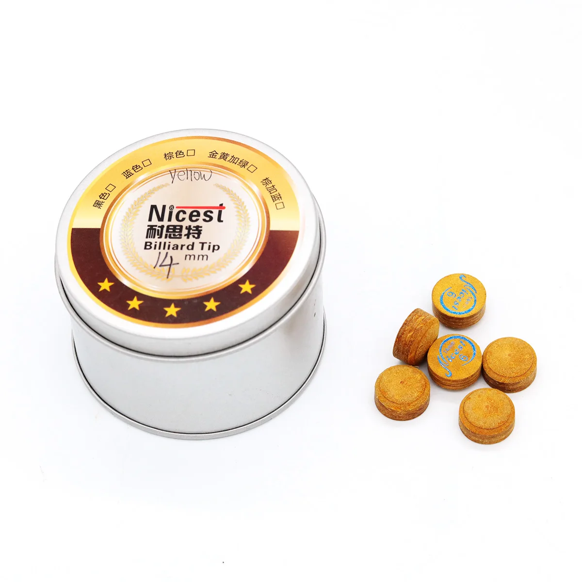 Promotie 50 stuks/doos 6-laags hoge kwaliteit beste biljartpooltip 14mm met verschillende kleuren biljartpoolkeu tips
