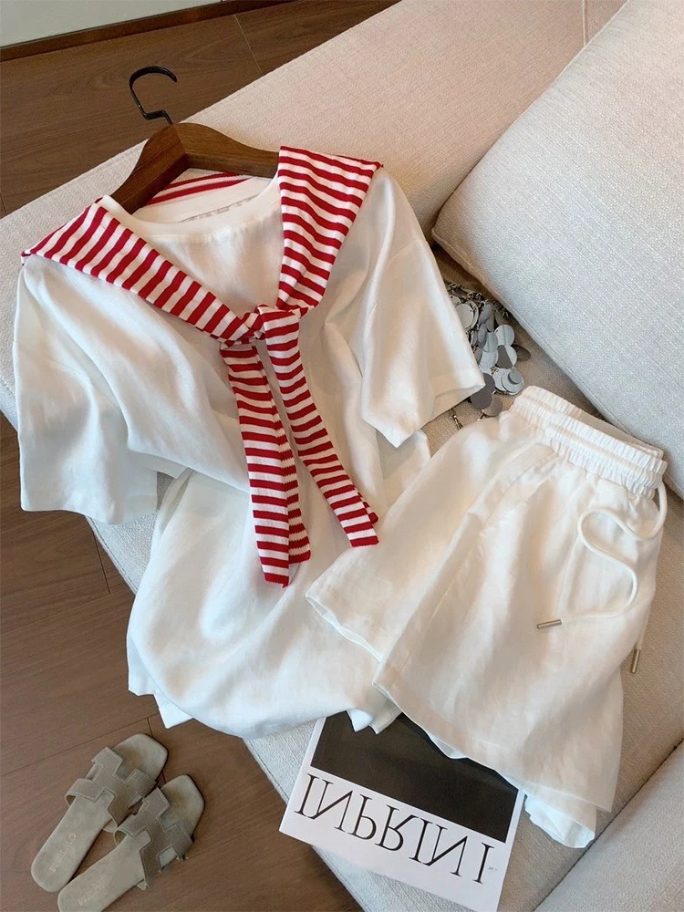 

Корейский повседневный комплект из двух предметов в полоску для женщин: летний простой комплект с коротким рукавом, шортами и топом с круглым вырезом