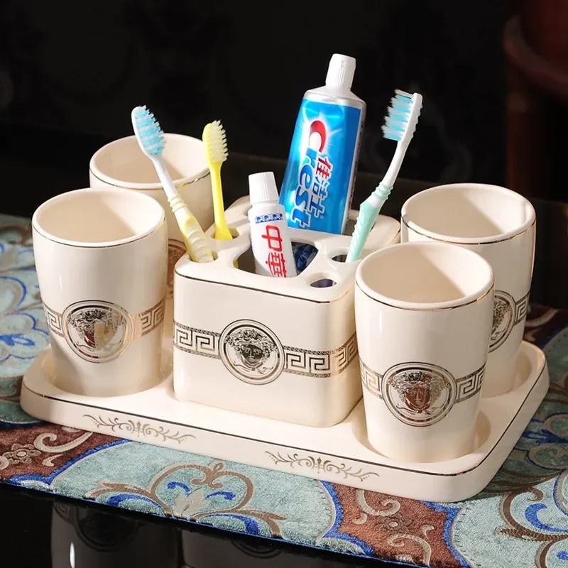 Bathroom Accessories Set Ceramic Soap Dispensers Toothbrush Holder Gargle Cups With Tray Trash Can Tissue Box Wedding Gifts