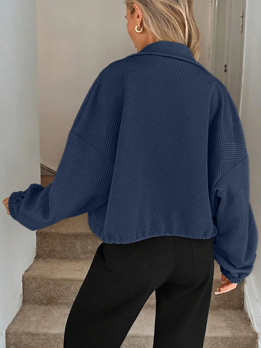 Damenjacke mit geometrischem Muster, Reißverschluss, Stehkragen, langen Ärmeln, Kordelzug am Saum, kurzer Schnitt, lockerer, lässiger Stil, einfarbig, Oberbekleidung, Größe V. – Detail 9