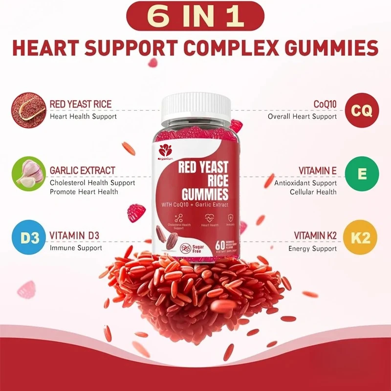 Red yeast rice contains coenzyme Q10, sugar free soft candy, tasteless garlic extract, vitamin E, vitamin D3, and K2