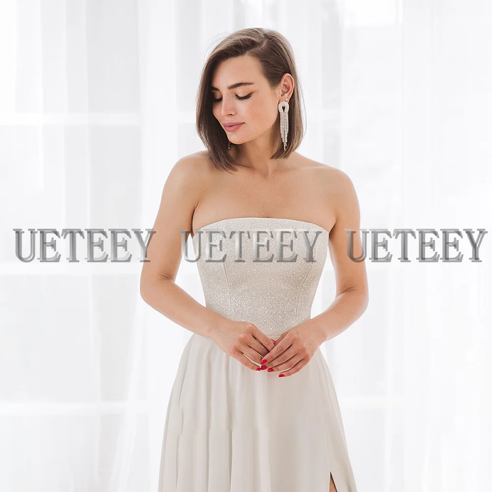 UETEEY A-Line Wedding Dress Charming Sleeveless Side Slit Lace Up Back 2022 Strapless Bride Gowns Custom Made