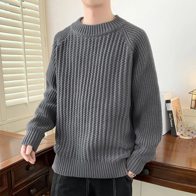 Spring New Round Neck Sweater Men's Korean Style Fashion Leisure Large Size Knitwear Male Thickened Warm Inner Match Pullover