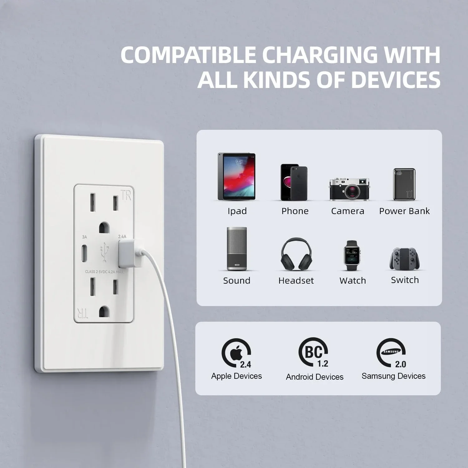 Charger Wall Outlet, Receptacle with A & C Ports, 15 Amp Duplex Tamper Resistant Receptacle Plug NEMA 5-15R, Wall Plate Included