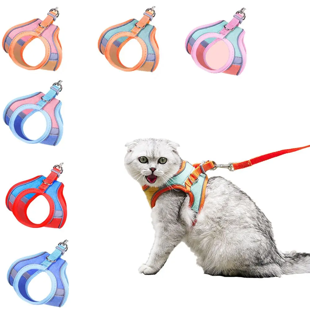 Conjunto de coleira e coleira para gatos, à prova de fuga, filhote de cachorro, coelho, gatinho, colete com sino, arnês para animais de estimação com alça reflexiva