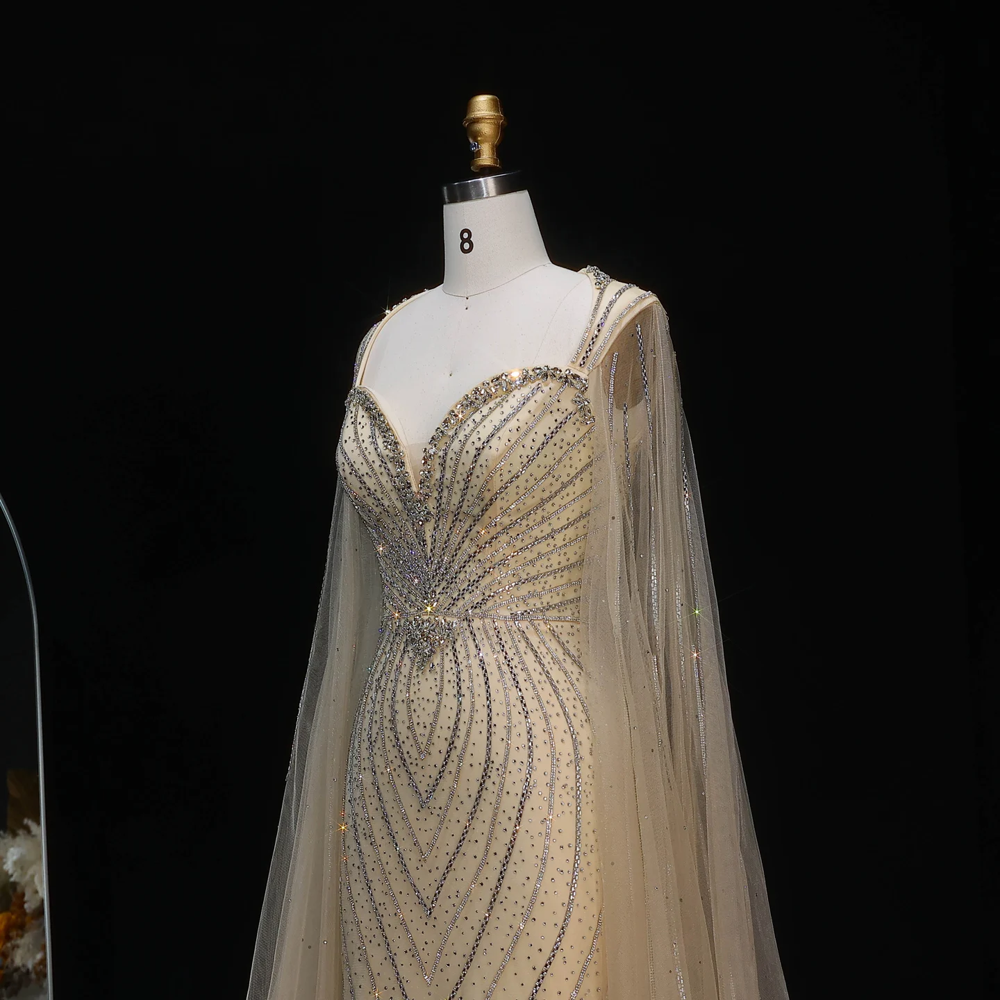 Sharon Said Elegante Abendkleider mit Cape-Ärmeln, Perlenbesetzte Meerjungfrauenkleider, Arabische Luxus-Formelle Ballkleider für Damen SS130 Maßanfertigung – Detail 6