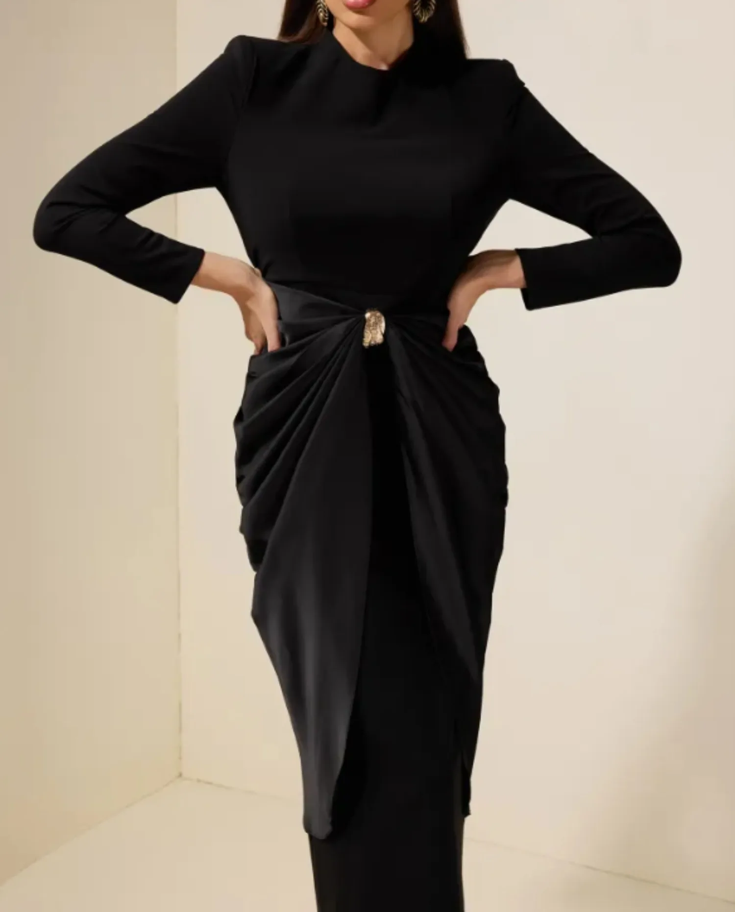 

Черное элегантное платье женское с нашивкой с длинным рукавом и круглым вырезом Vestidos облегающее элегантное винтажное вечернее платье с высокой талией женская деловая одежда