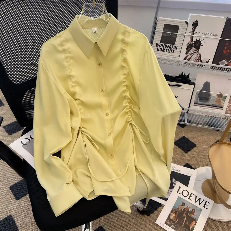 

2022 Summer French chic shirt goose yellow shirt women's loose long sleeve shirt women's thin sunscreen shirt