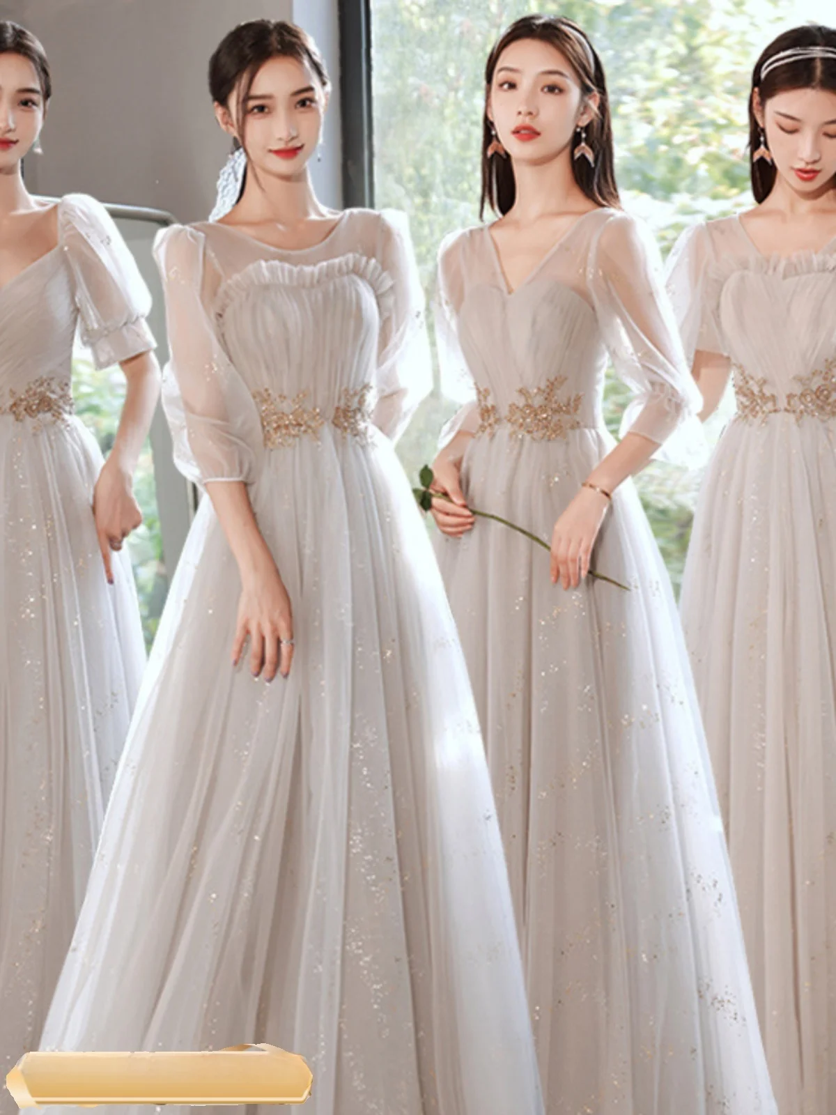 グレーロングウエディングドレス 2024 新スタイルメイド制服エレガントな学生卒業式妖精結婚式姉妹グループ衣装