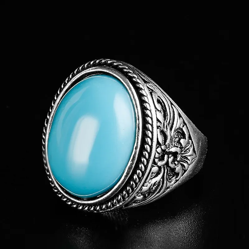 European and American Classical Vintage Black Agate Oval Ring Men\'s Art Carved Simple Men\'s Handicrafts