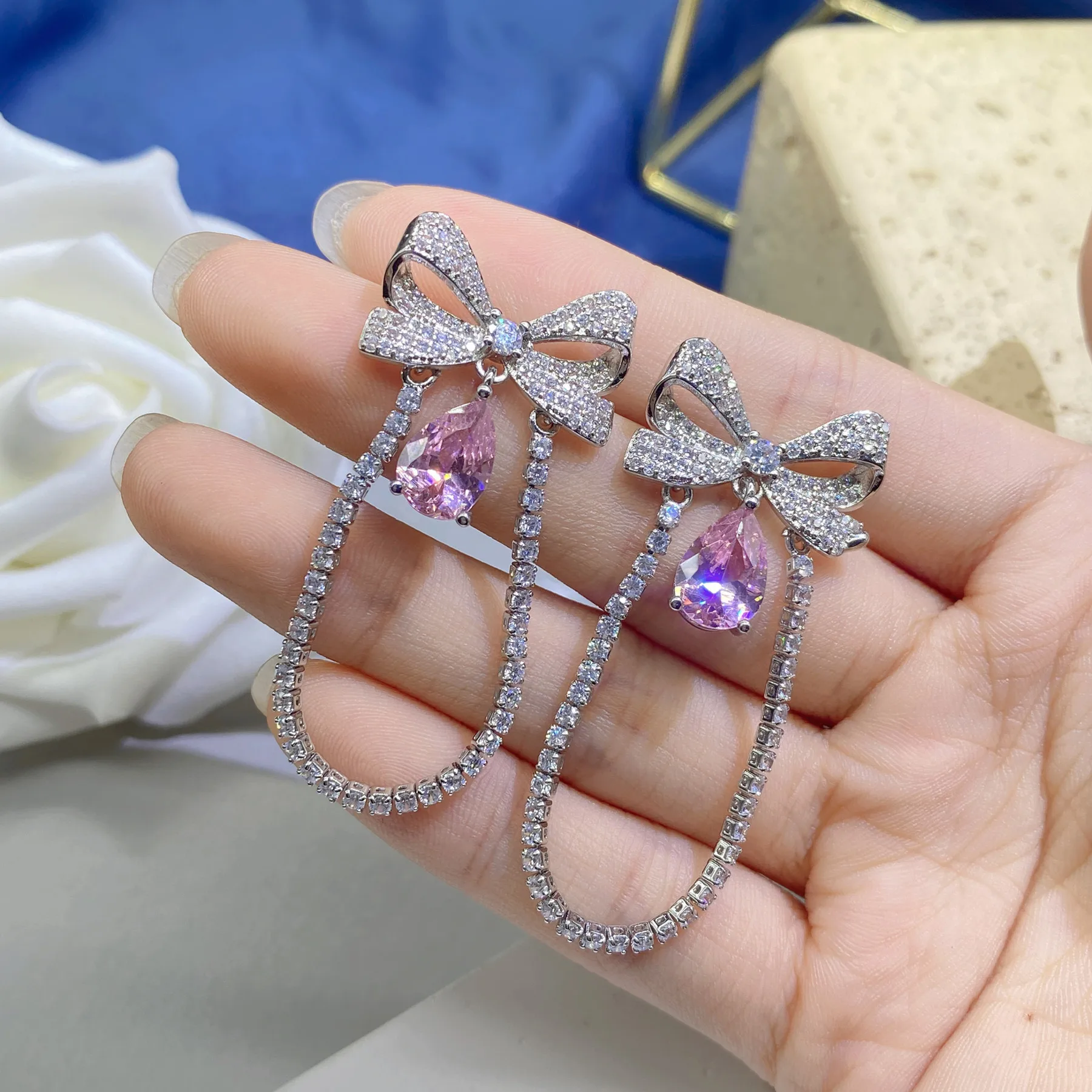 DIY accessories Bow pink water drop fringed earrings girlish sweet and easy to match super fairy small fragrant wind yellow diam
