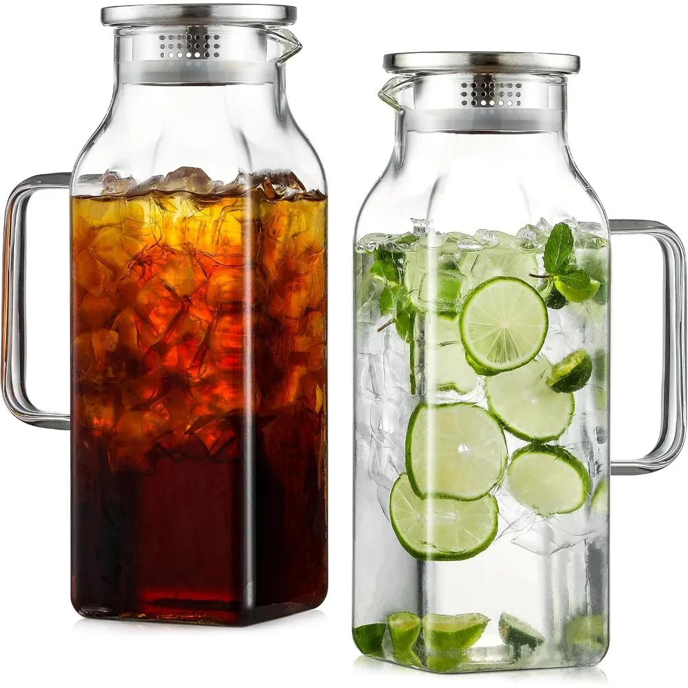 

Square Glass Pitcher 2 Pack 2L/68 oz with Lid & Handle - Borosilicate, Heat Resistant - for Iced Tea, Coffee, Milk, Juice
