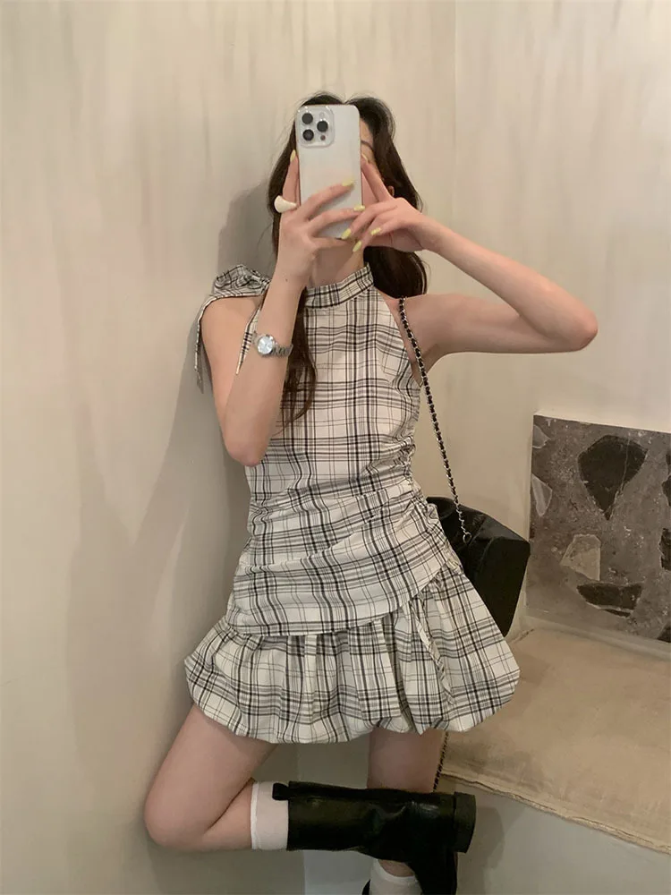

Bow hanging neck shirt+high waisted short skirt 2025 women summer new plaid casual fashion temperament two piece set