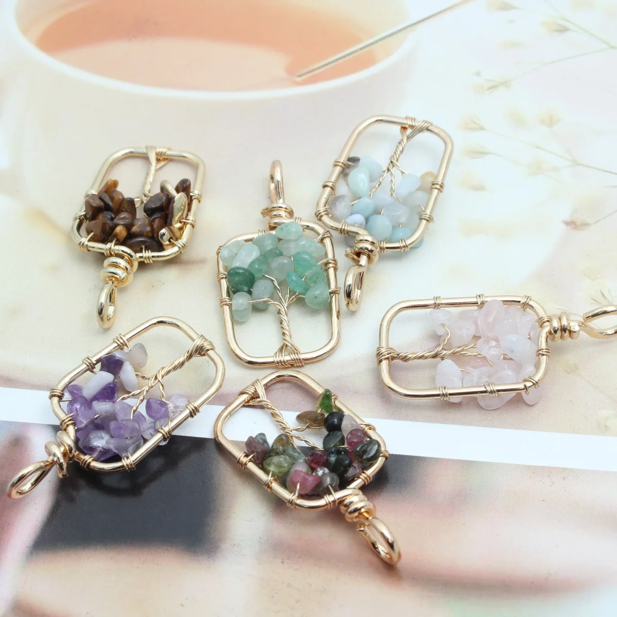 Natural Stone Crystal Tree of Life Woven Phnom Penh Rhombus Pendant Necklace DIY Jewelry Earrings Accessories