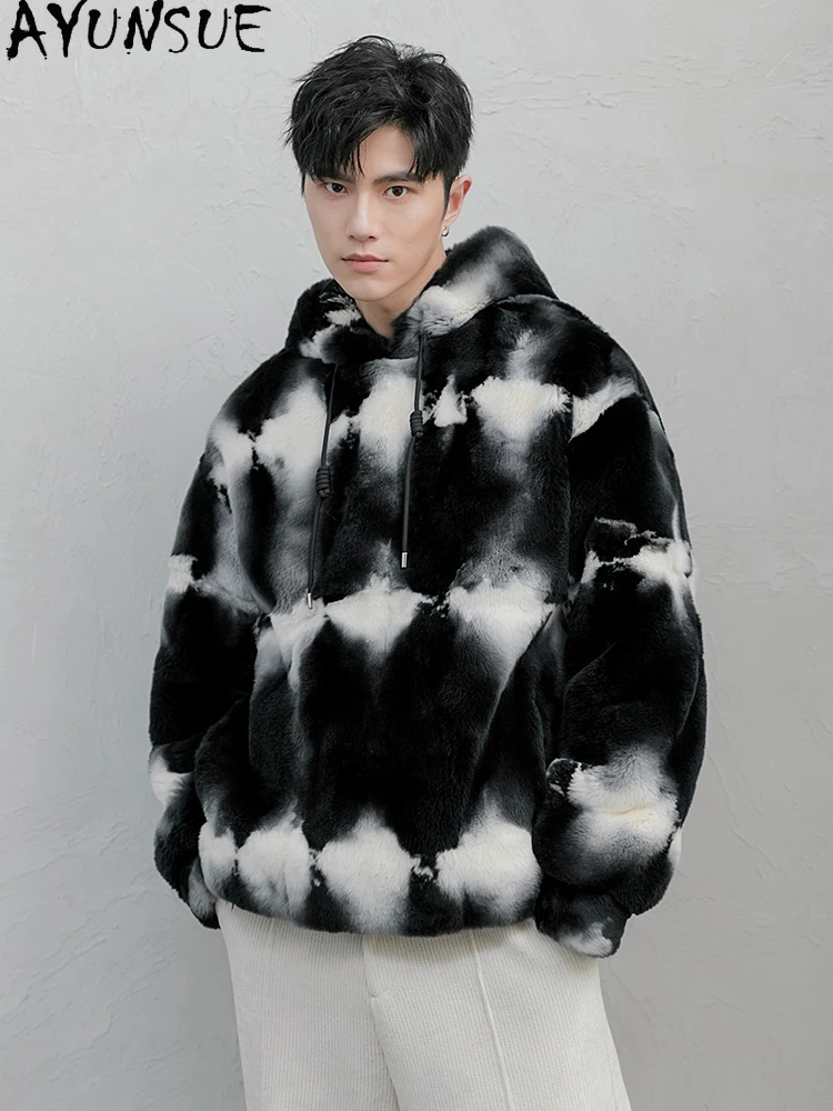 AYUNSUE 2025 Real Rex Rabbit Fur Jacket for Men Winter Luxury High-end Hoodie Natural Fur Coat Fashion Short Mens Fur Jackets