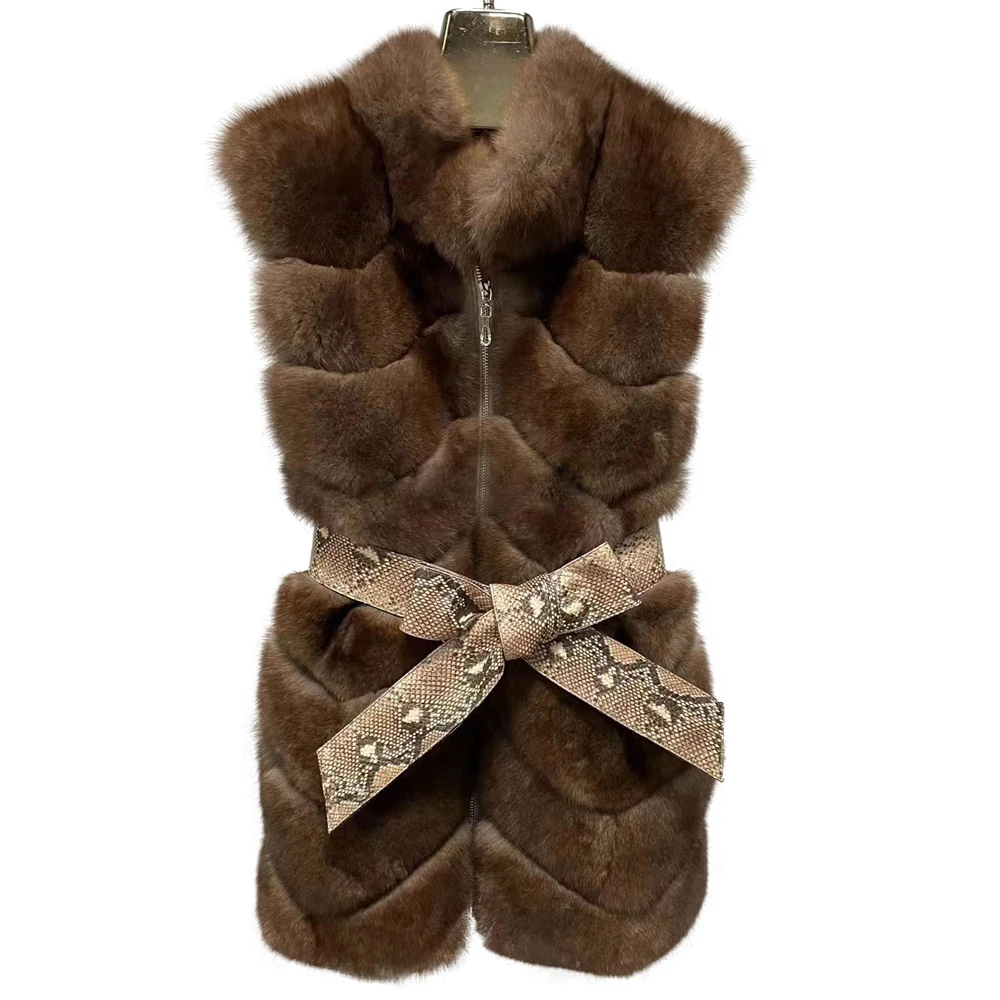 Natural Fox Fur Vest Long Brown Color  back wool with Sheep Leather Belt  Winter Waistcoat Women Warm Outerwear  Design Furry