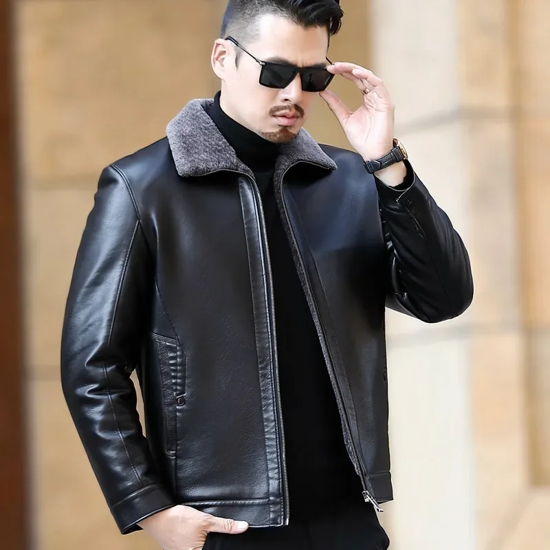 Men\'s Fur One Casual Thickened Motorcycle Jacket Mens Fashion Leather Jacket Male Plus Cashmere Sheep Leather Jacket Short Coat